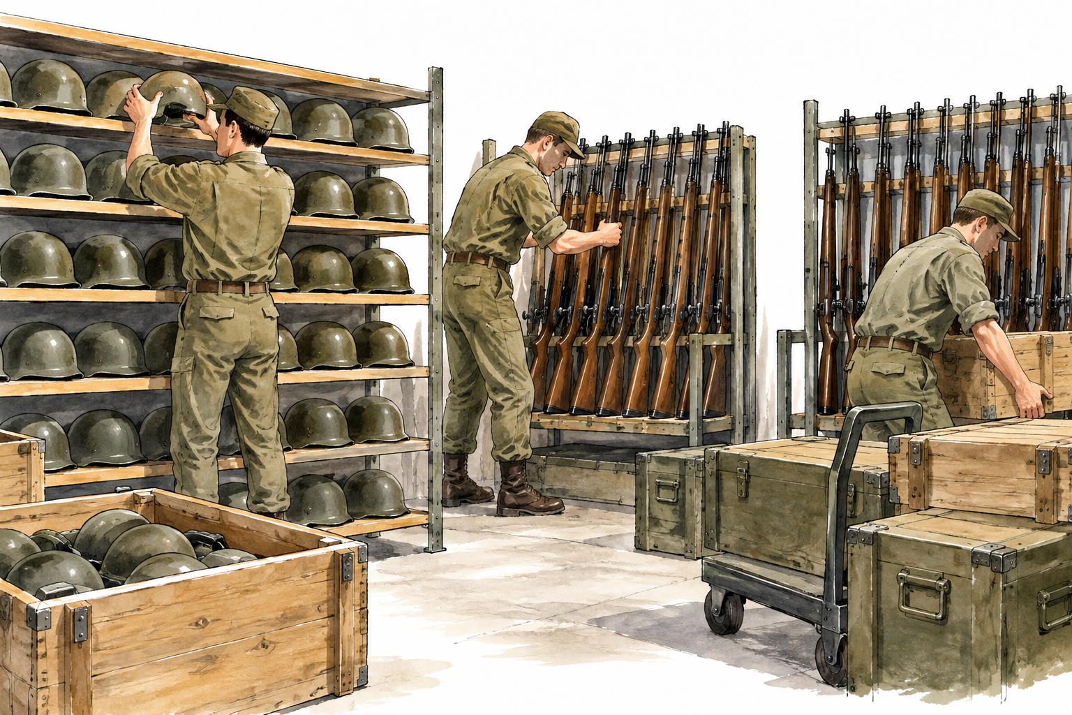 An empty military equipment store is being replenished with new helmets and rifles in orderly racks, rebuilding armaments, no operational instructions.