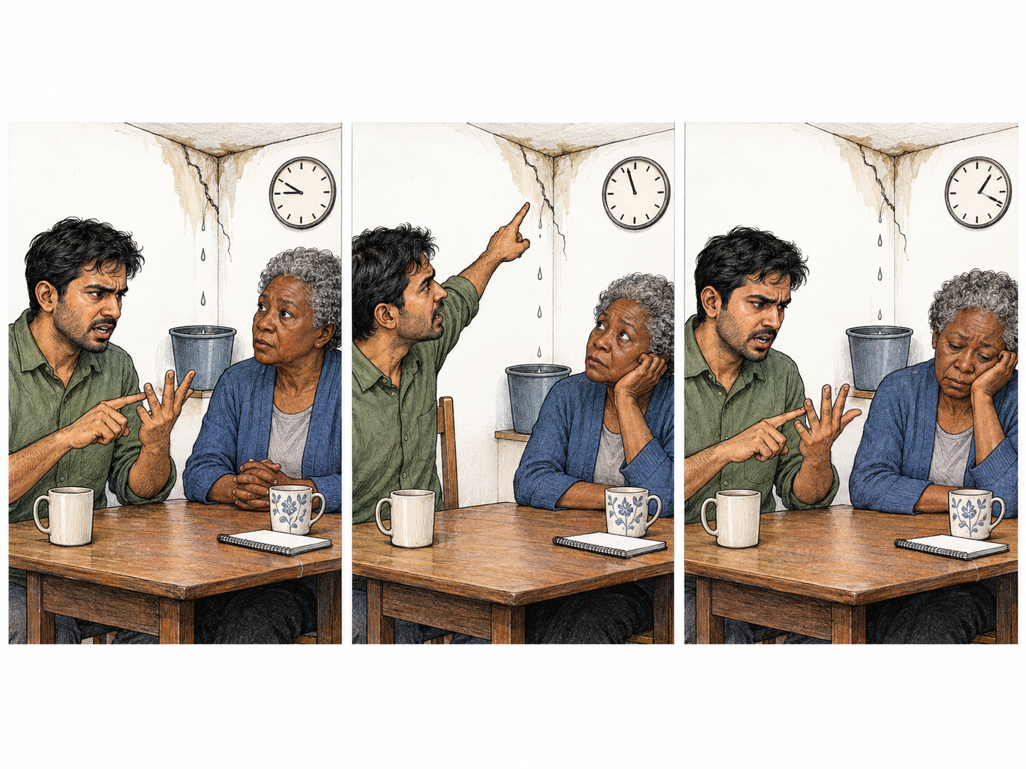 A compact three-panel sequence shows one tenant continuing a repetitive catalogue of apartment complaints to the same increasingly weary listener.