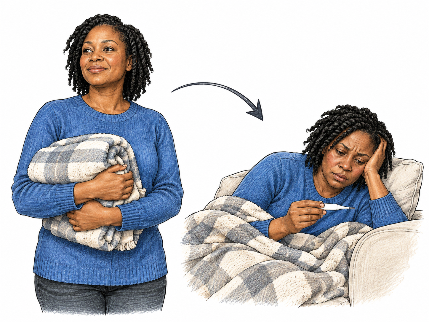 Two linked moments of same adult: first recovered upright with folded blanket, then returned to couch with feverish tired face and thermometer; worse condition returns after improvement, no diagnosis or medication instructions.