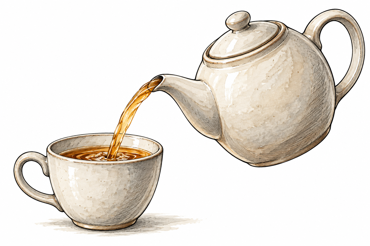Close view of the projecting spout of a plain ceramic teapot pouring a smooth stream into a cup, side view with handle and spout clearly distinct.