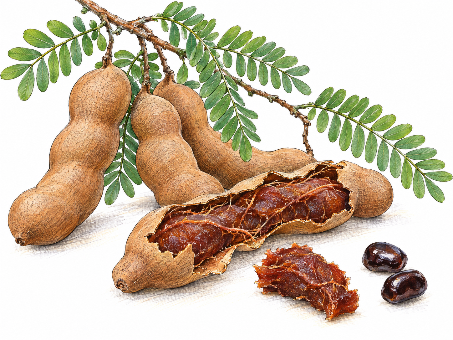 A tamarind branch with small paired leaflets and brown pods, beside a cracked-open pod revealing sticky brown pulp and a few glossy dark seeds.