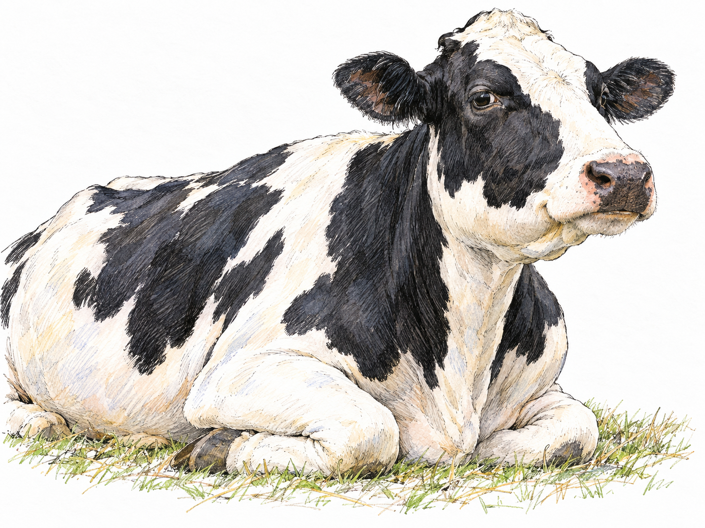 A dairy cow shown in close three-quarter side view resting calmly with head raised, jaw working sideways and slightly bulging cheek as it rechews cud; nothing is being freshly grazed.