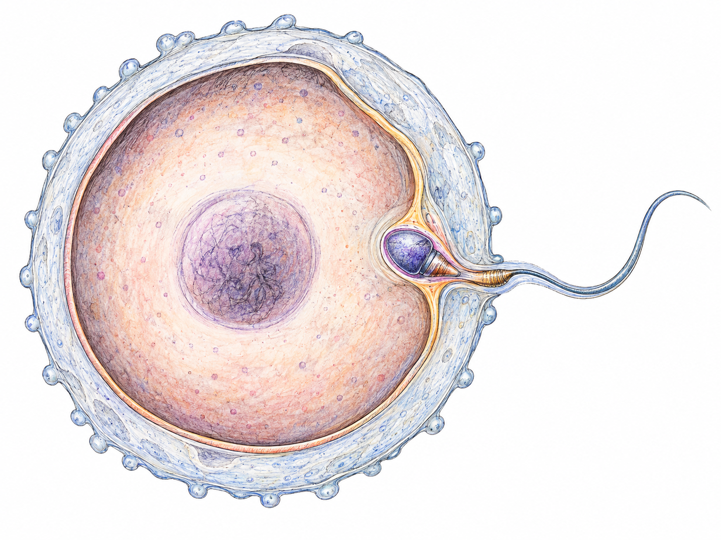 A magnified biological cutaway showing one sperm fusing with an egg cell, with the sperm head crossing the egg membrane and its tail still outside.