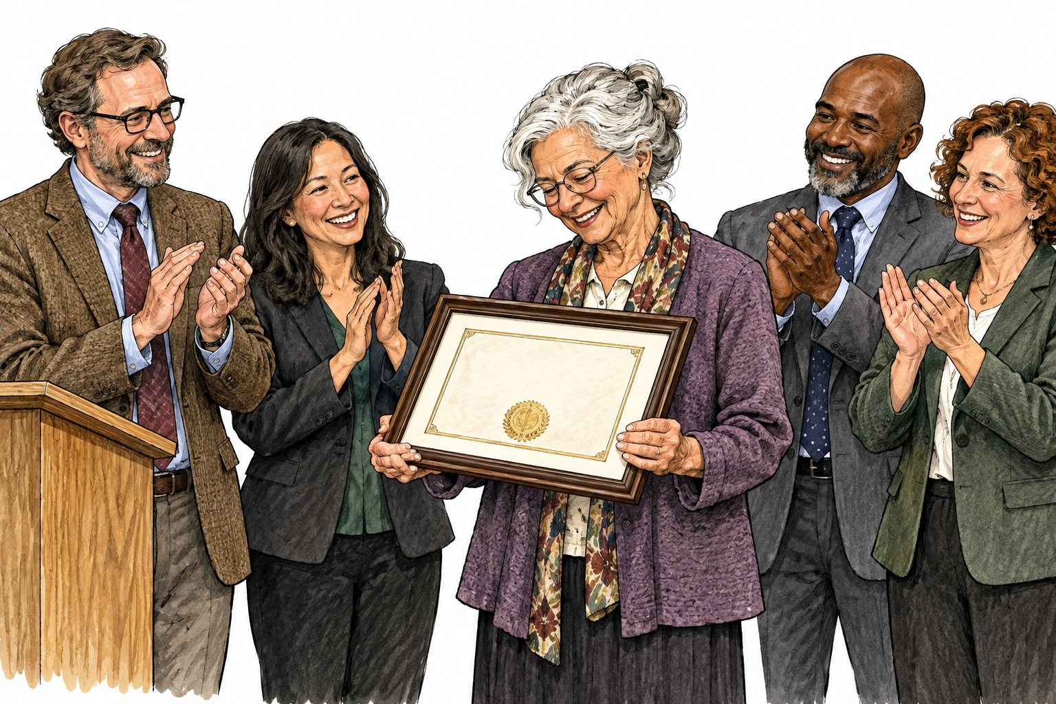 An older retired female professor receives an honorary framed title 'Professor Emerita' while colleagues applaud.