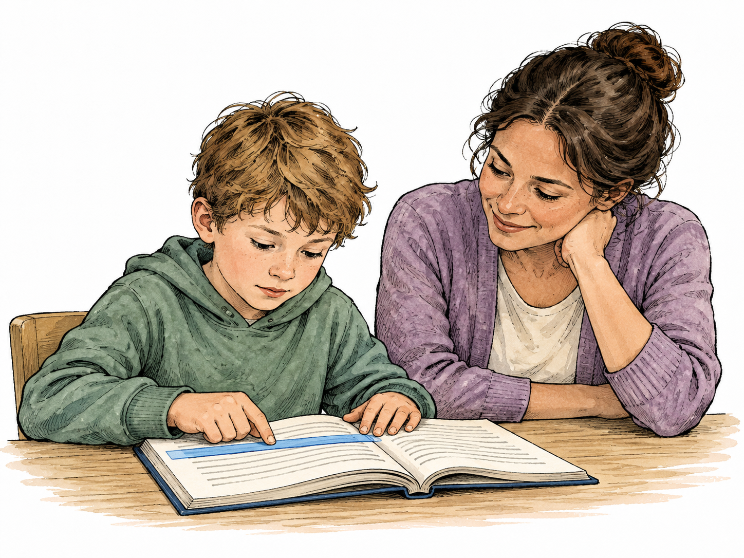 A child with dyslexia reads carefully with a supportive teacher and a line guide, patient effort, no reversed floating letters or claims of distorted vision.