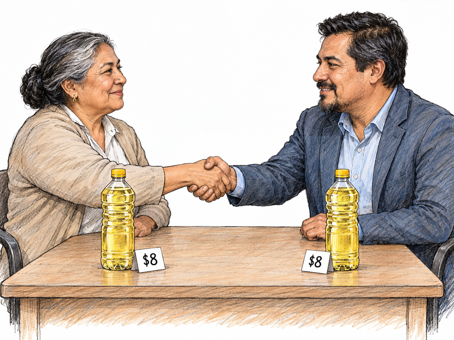 Two rival business representatives agree to keep prices identical: they shake hands across a small table, each beside a separate sample of the same product bearing the same price tag.