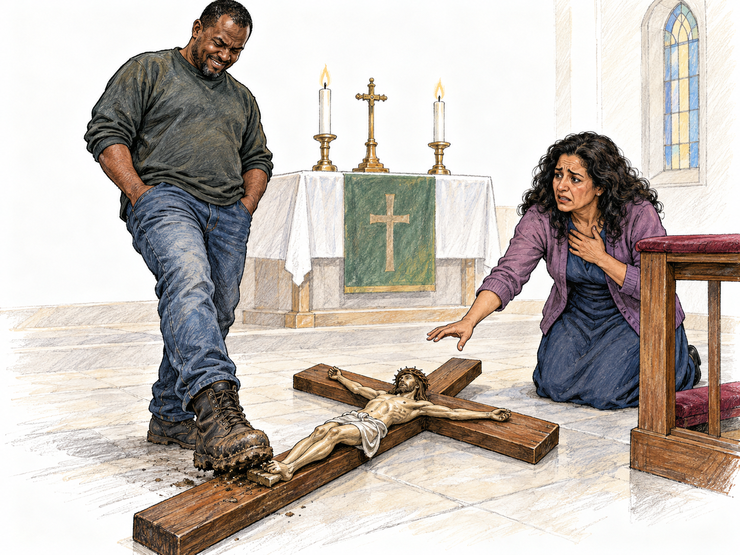 A man deliberately presses his muddy boot onto a recognizable crucifix, grinning contemptuously, while a kneeling Christian worshipper recoils and reaches to protect it.