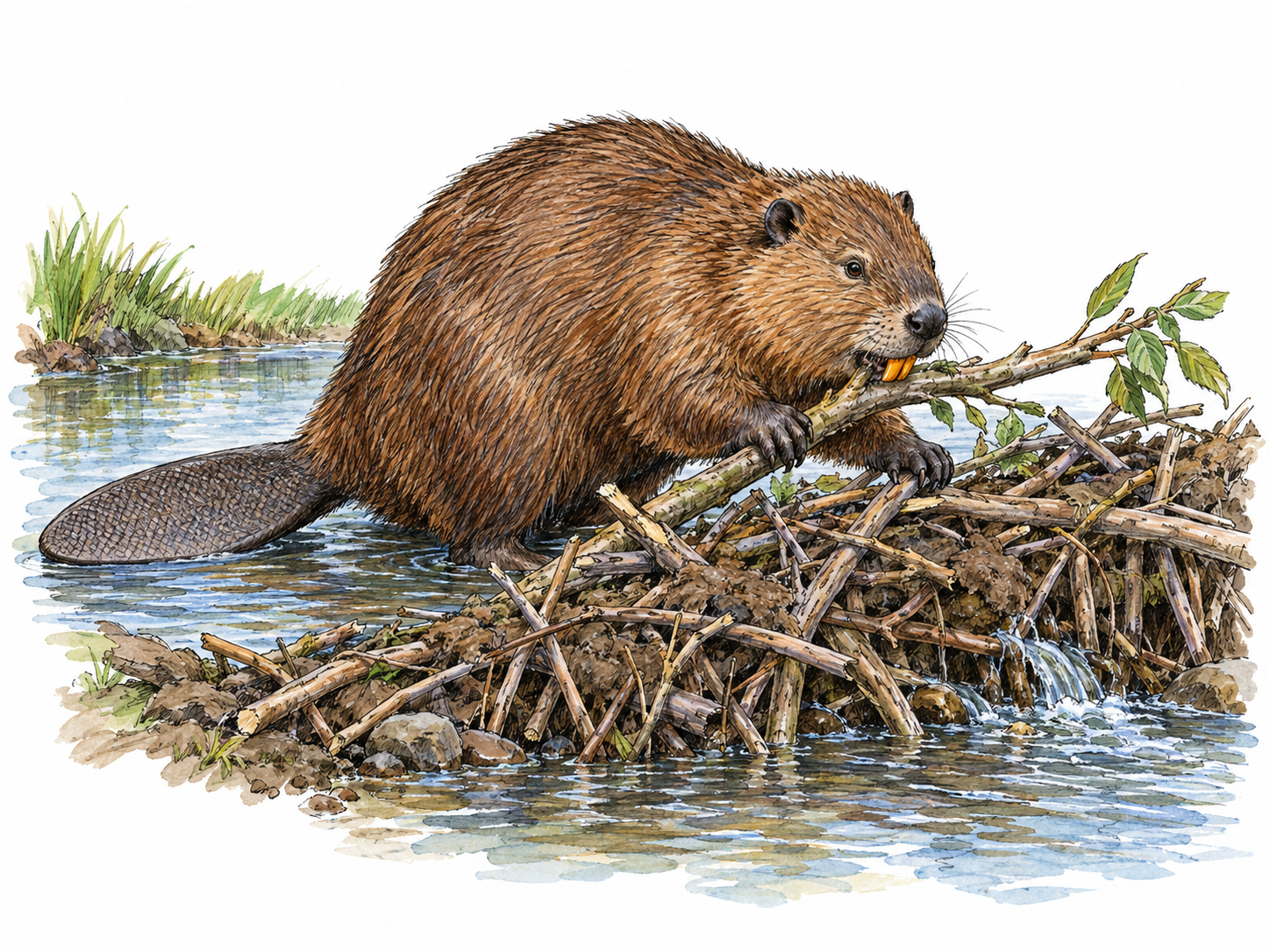 A beaver at the edge of a stream braces a fresh branch into a low dam, with its broad flat tail, large incisors, and dense brown fur clearly visible.