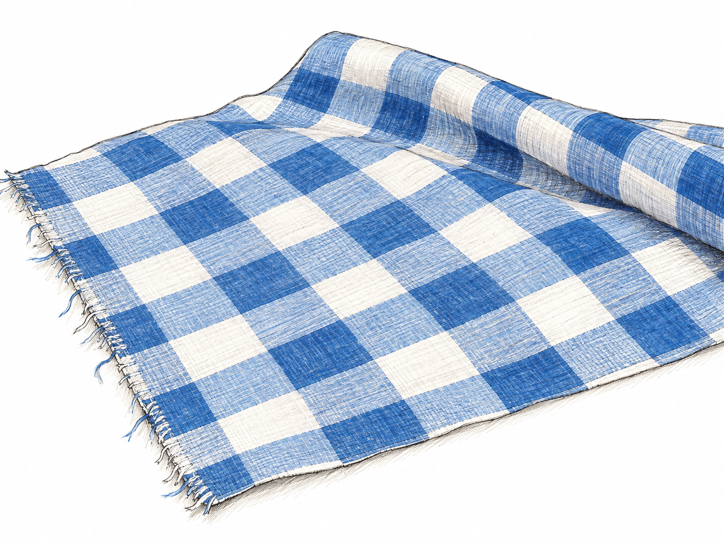 A loosely folded piece of blue-and-white gingham cotton, with a broad flat section showing its regular woven checks and a lightly frayed edge revealing that it is fabric.