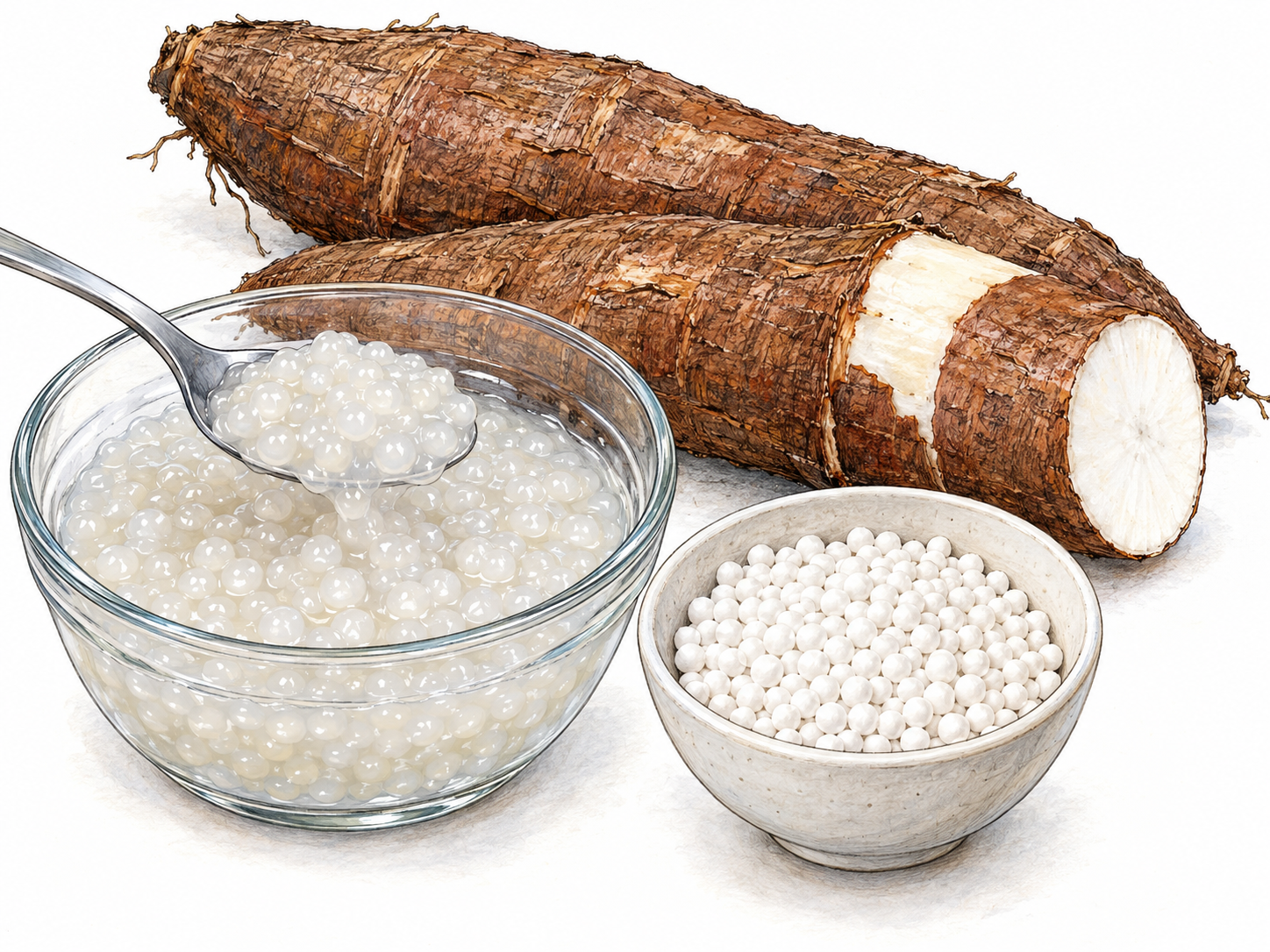 A simple ingredient-and-food still life: recognizable cassava roots beside a small bowl of dry white tapioca pearls and a clear bowl of cooked translucent tapioca pearls, showing both the starch food and its plant source.