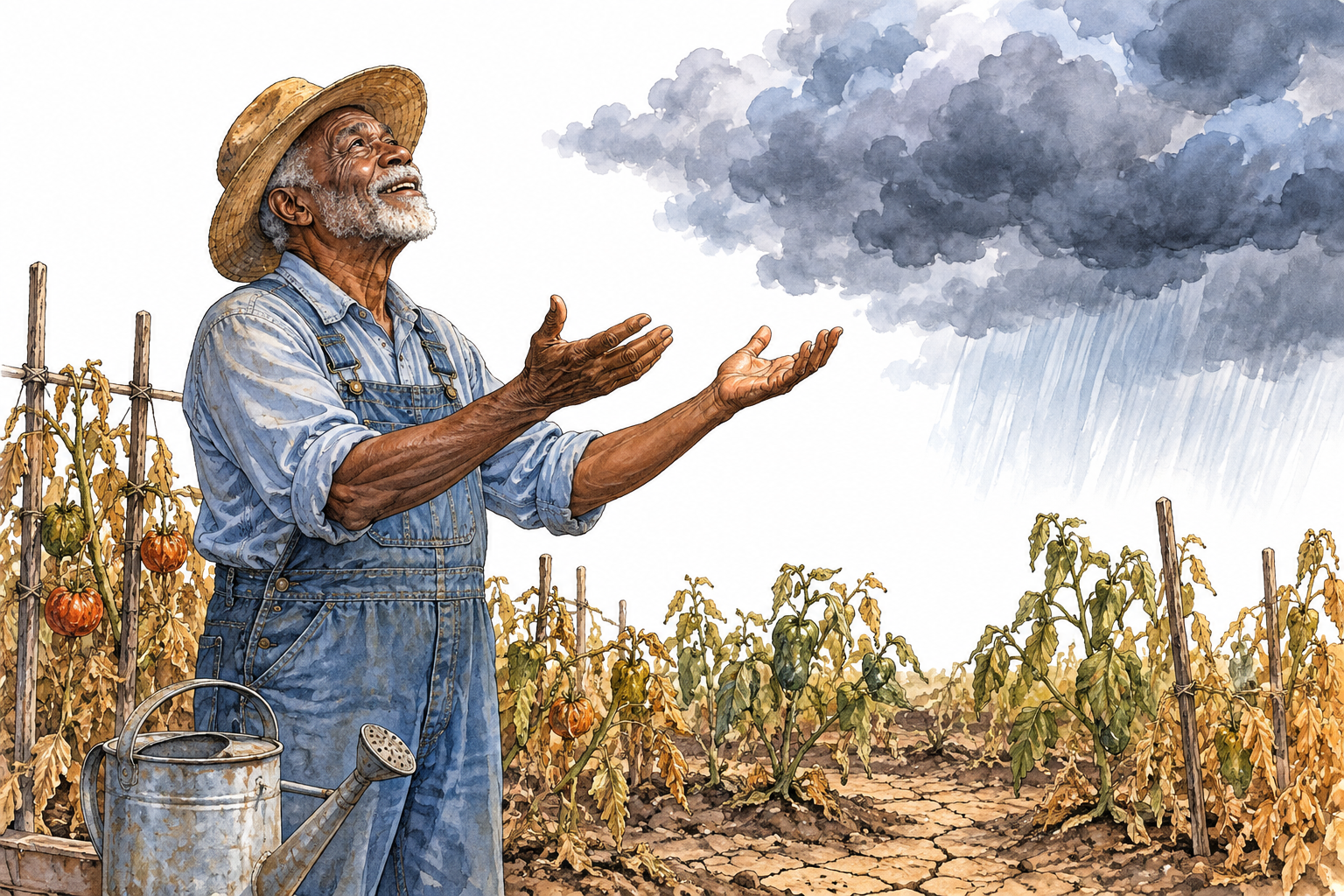 Older Black gardener looks eagerly toward rain clouds over dry thirsty garden, hands open wishing for rain.