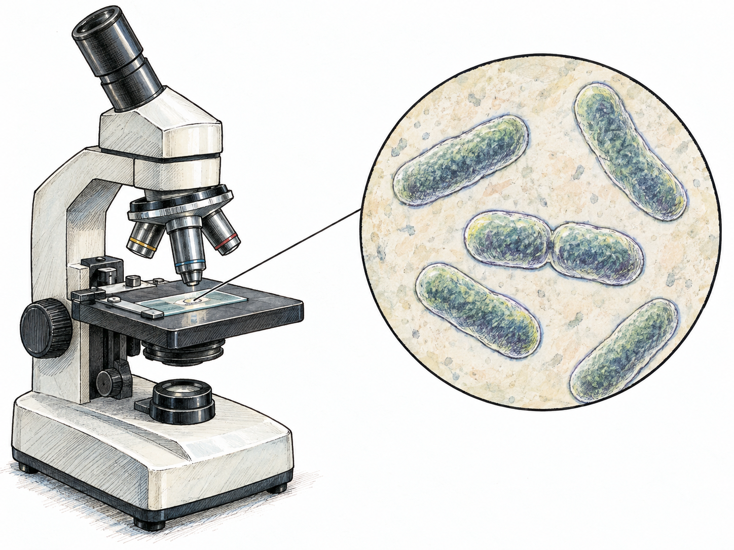 A microscope beside a clearly linked magnified specimen view of rod-shaped bacteria, including one dividing cell, makes microscopic living organisms recognizable without people or explanatory text.