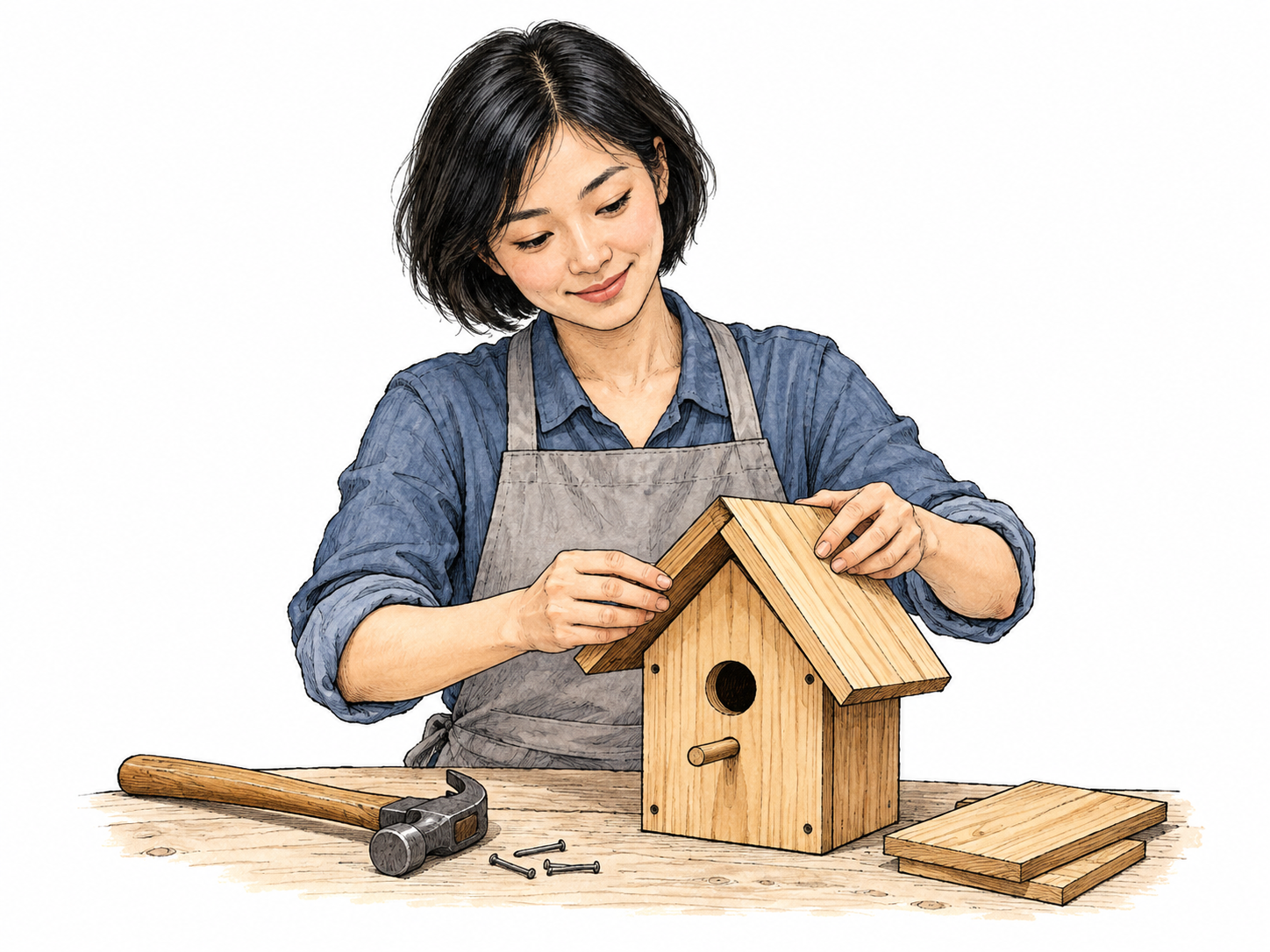 Woman creates a small wooden birdhouse with hands holding two fitted boards and hammer set aside, visible newly assembled object; simple bench fragment, white ground.