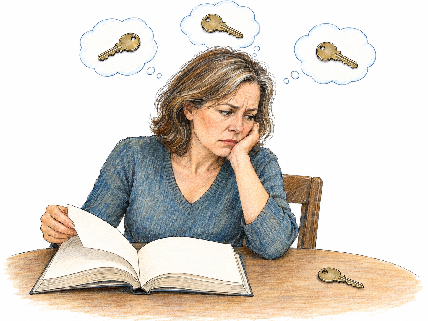 A middle-aged woman tries to read, but recurring thoughts of the same plain house key crowd around her head.