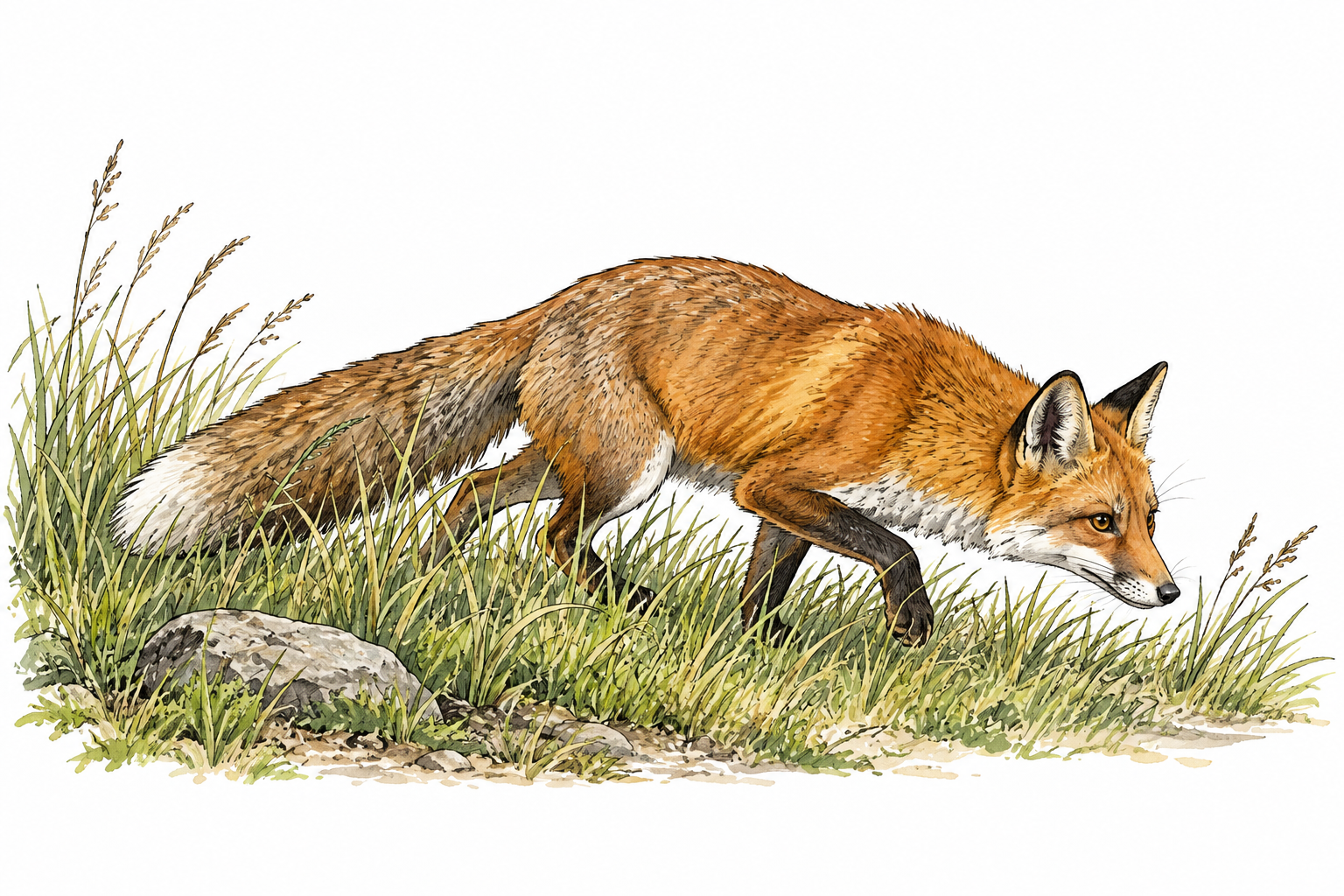 Fox moves quietly low through grass at dusk avoiding notice.