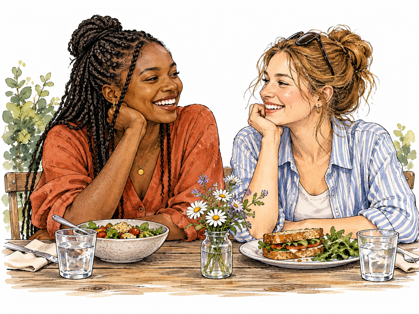Two close friends, Black woman and white woman, sharing a relaxed lunch.