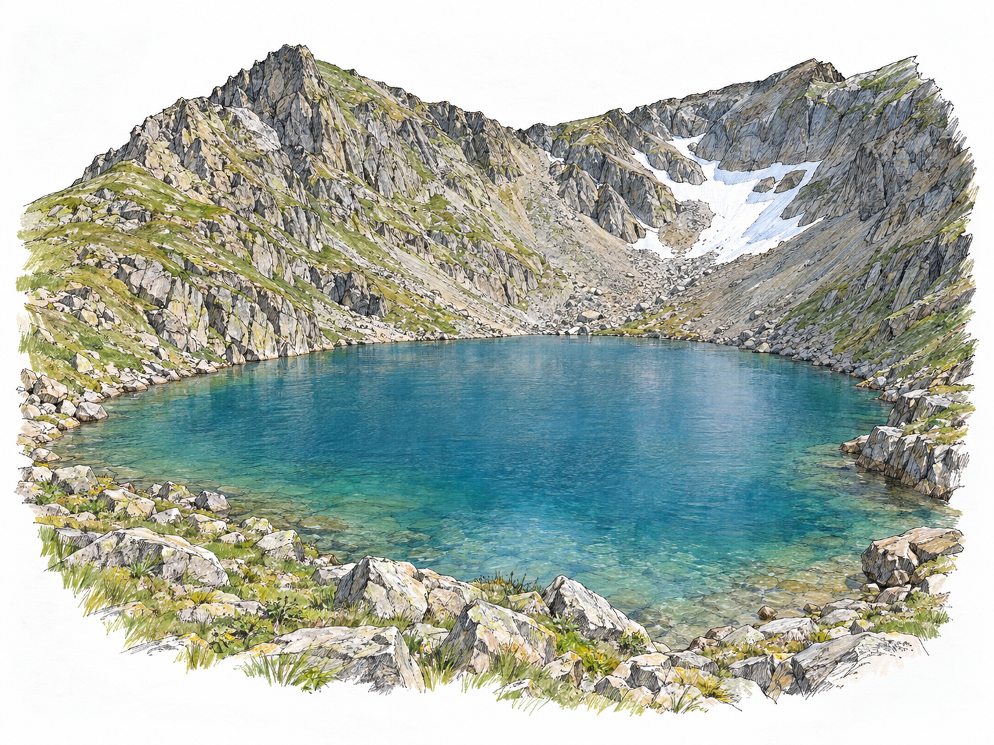 A small, still mountain lake nestled in a bowl-shaped rocky basin beneath steep alpine ridges, viewed from slightly above so its compact size and enclosing shoreline are immediately clear.