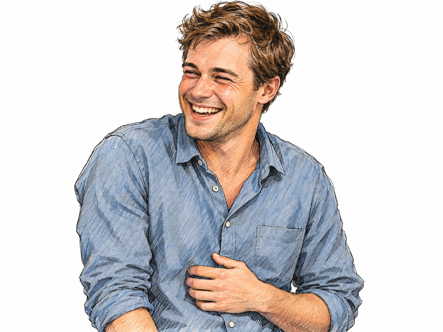 A young man caught in a delighted chuckle, cheeks lifted, eyes crinkled almost shut, mouth loosely open in a broad grin, and shoulders slightly hunched with laughter.