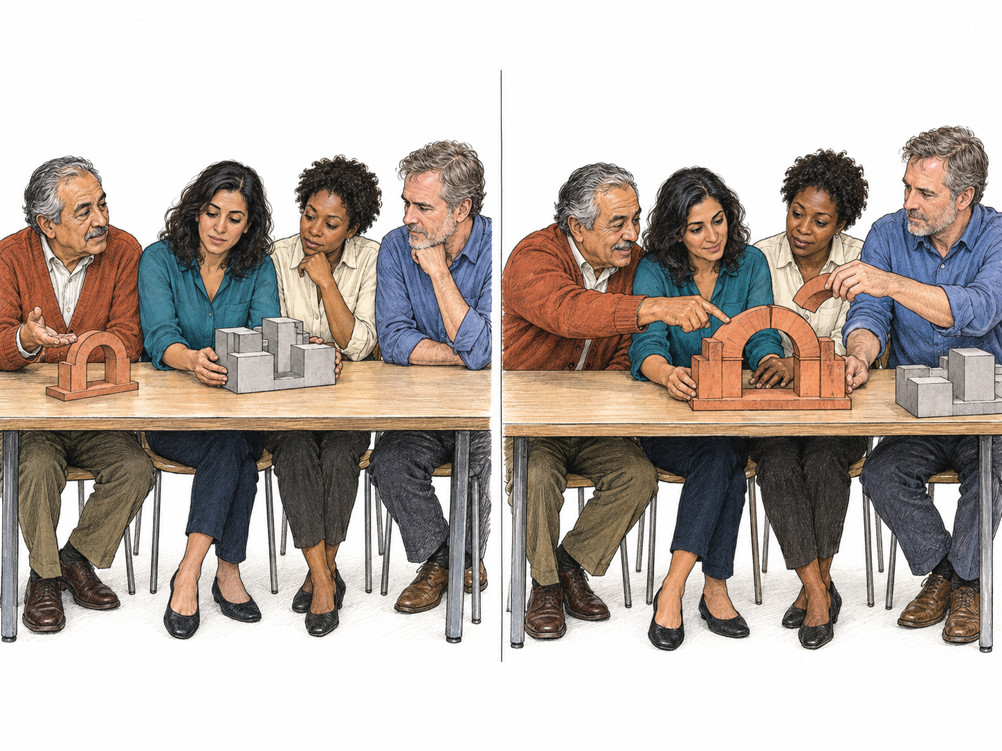 A compact before-and-after committee scene shows the same man's influence growing: initially sidelined with an unaccepted proposal, he later commands the group's attention as members adopt his distinctive design.