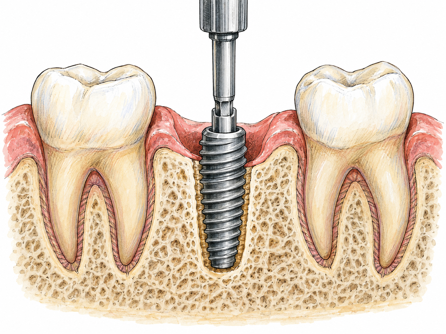 A close cutaway view of a dental implant being screwed firmly into jawbone beneath the gum, with a dental driver still engaged.