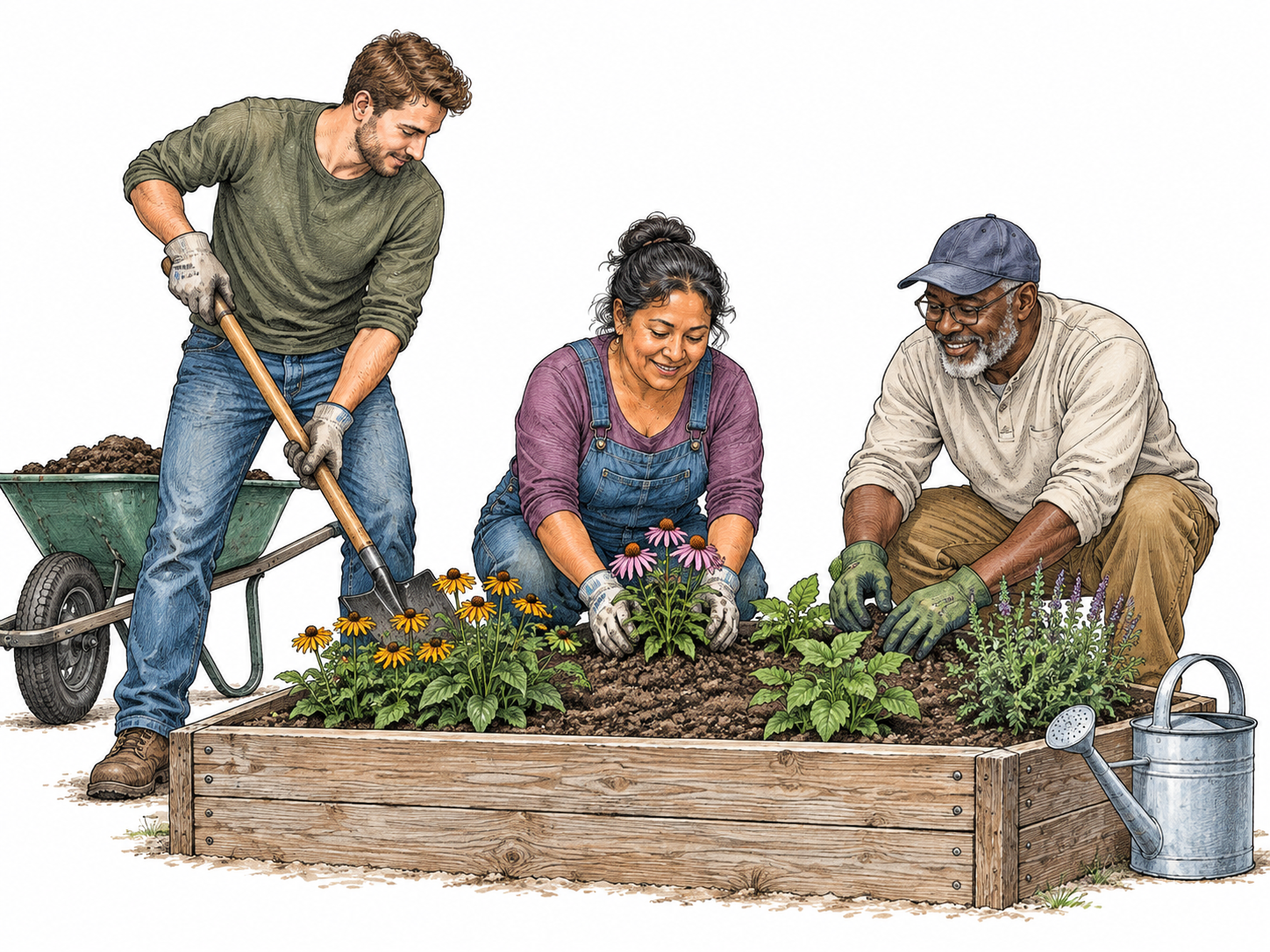 Three modern adult neighbors maintain a shared public garden together, showing civic responsibility for common space; isolated tools and one planting bed.