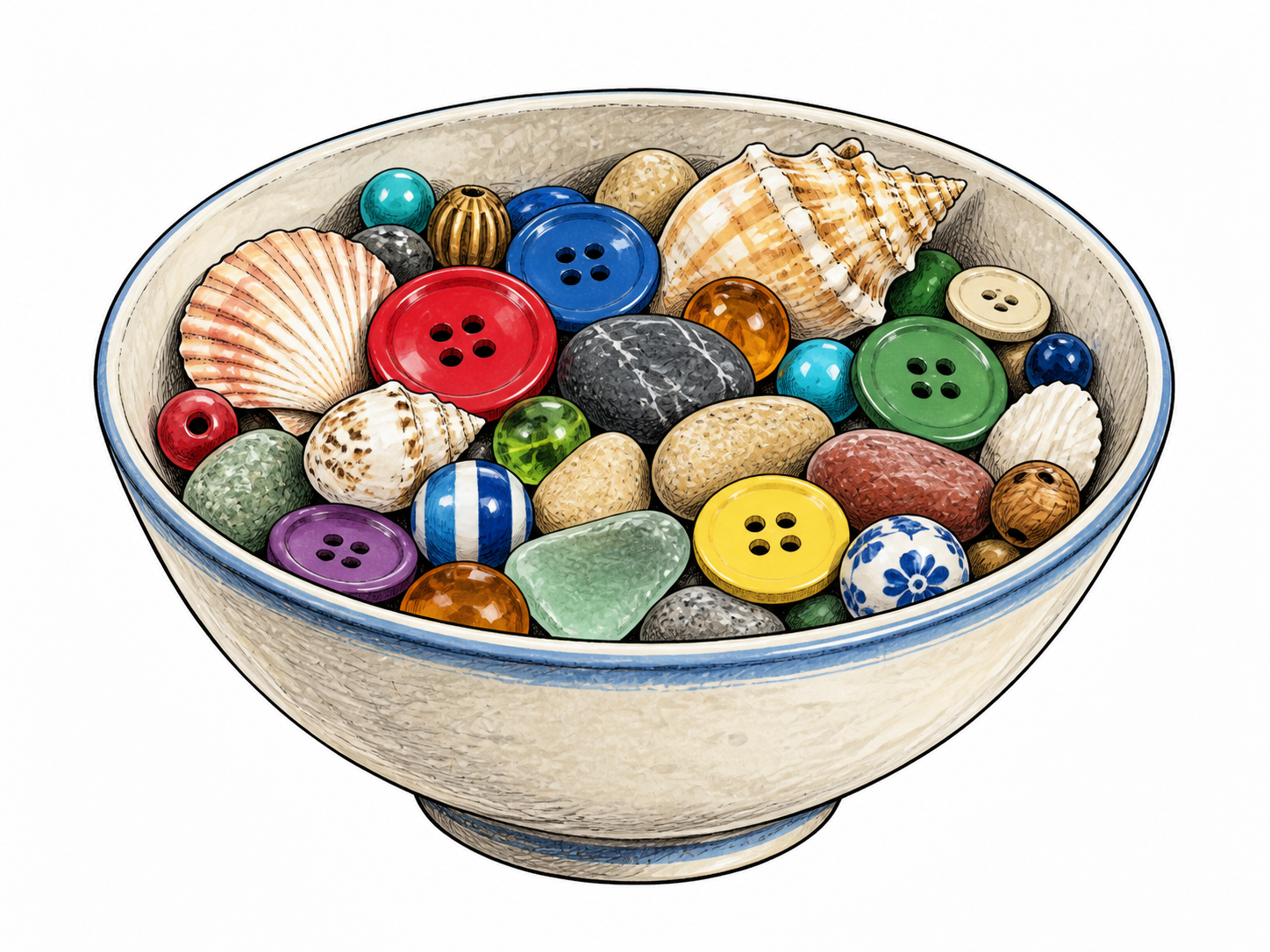 An open bowl contains a visibly varied mixture of colorful buttons, shells, beads and small stones.