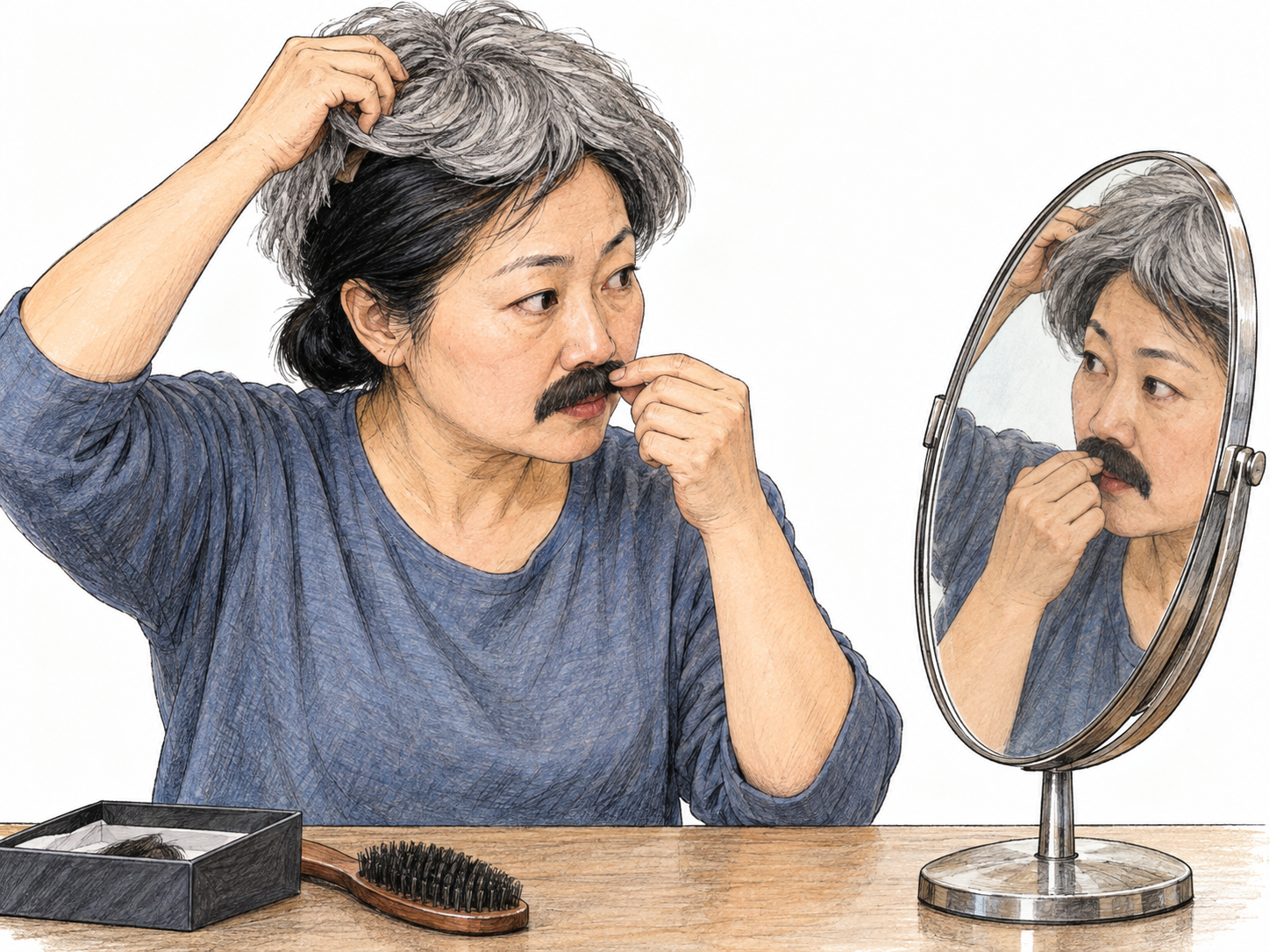 A woman actively disguises herself at a mirror, pulling a short gray wig over her black hair while pressing a false mustache onto her upper lip.