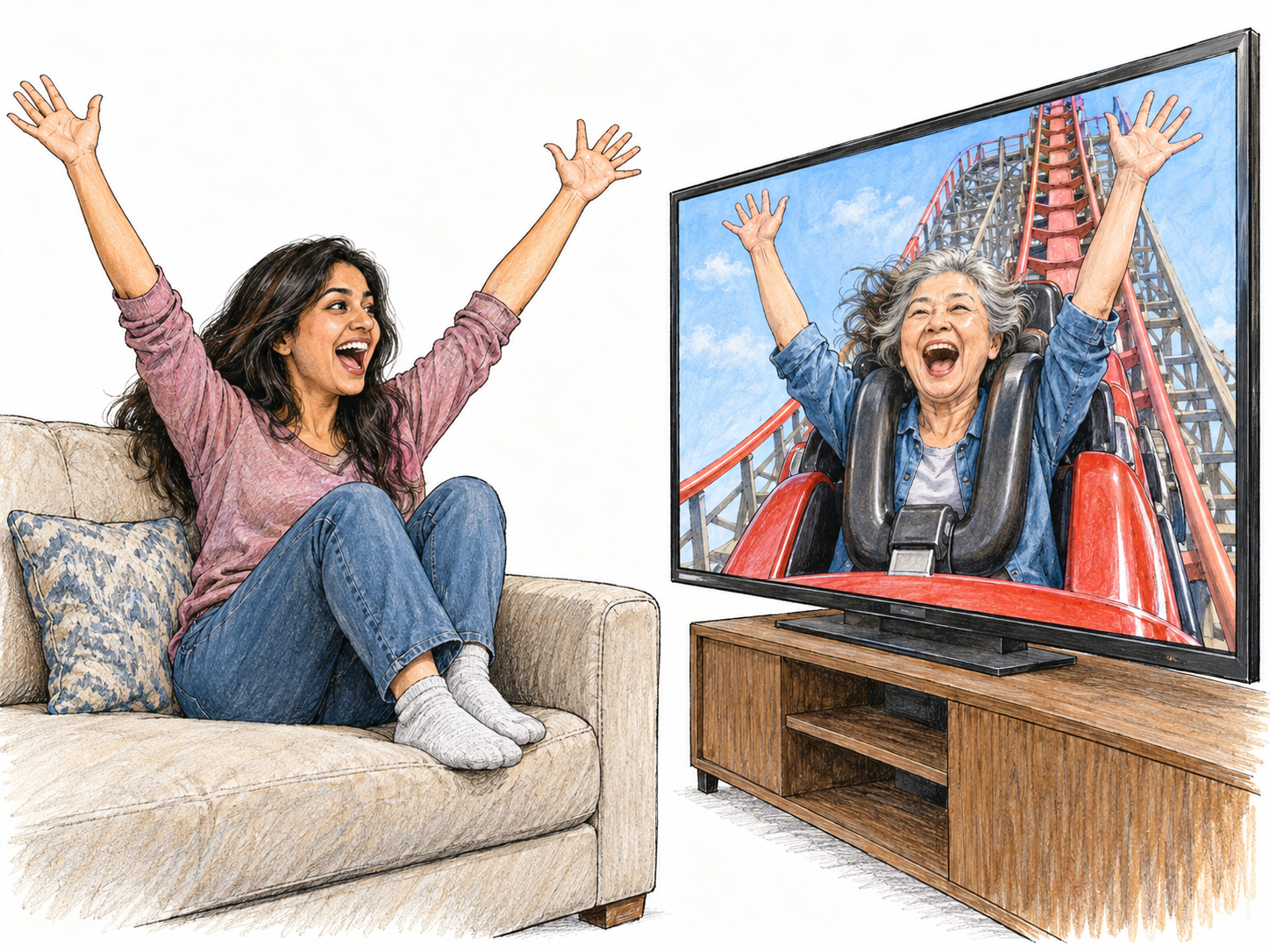 A woman safely seated at home mirrors the exhilaration of a roller-coaster rider on television, experiencing the ride's thrill through the other woman's visible adventure.