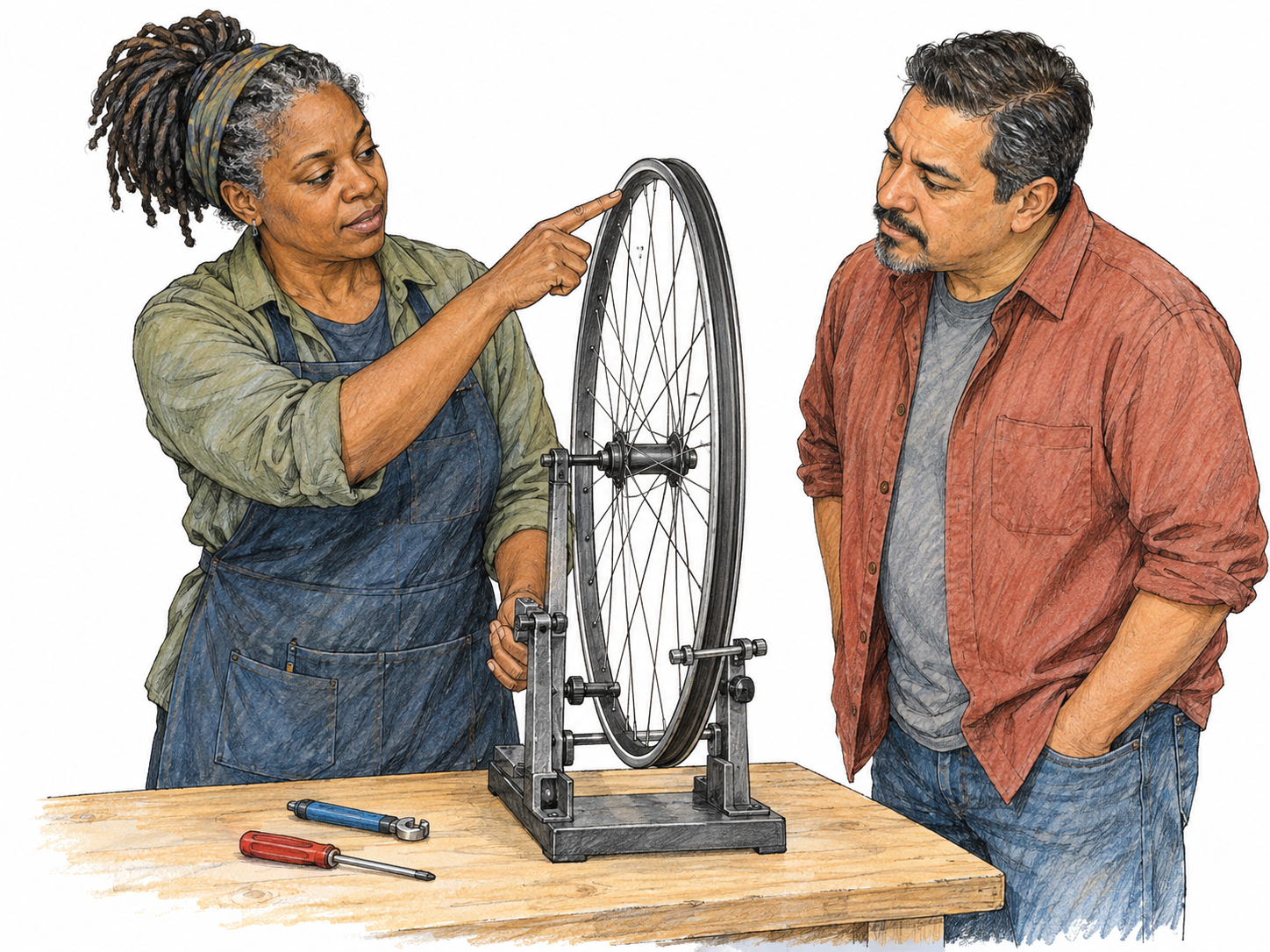A bicycle mechanic confidently explains a wheel repair to a customer at her compact workbench, presenting bicycle maintenance as her area of expertise and responsibility.