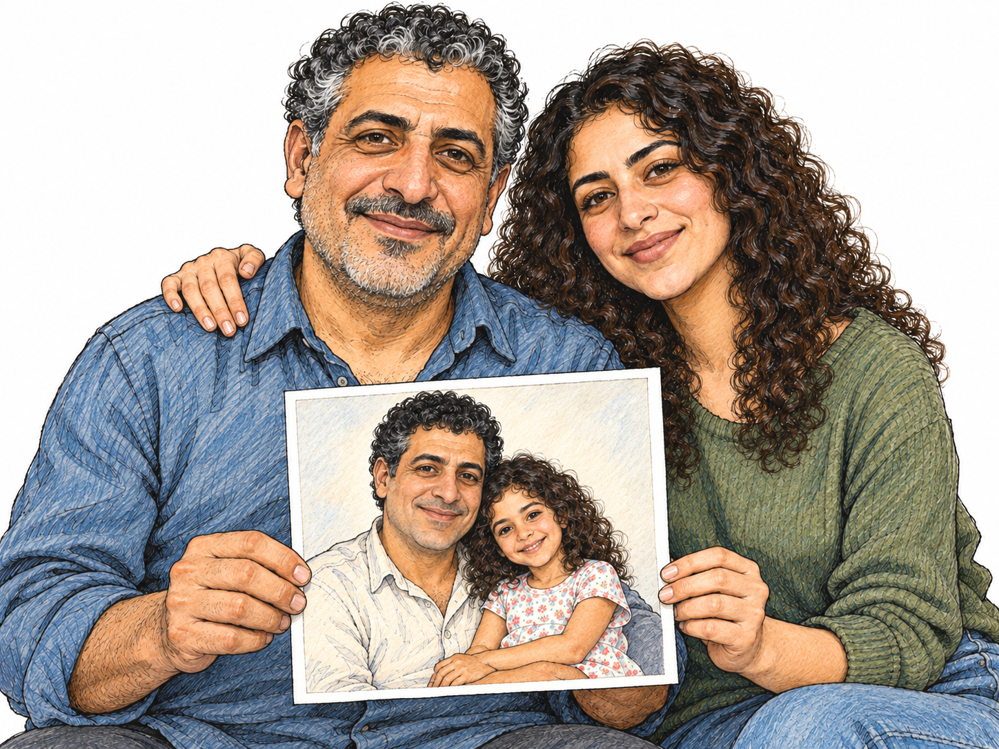 A woman shares a family photograph with her father, the focal male relative.