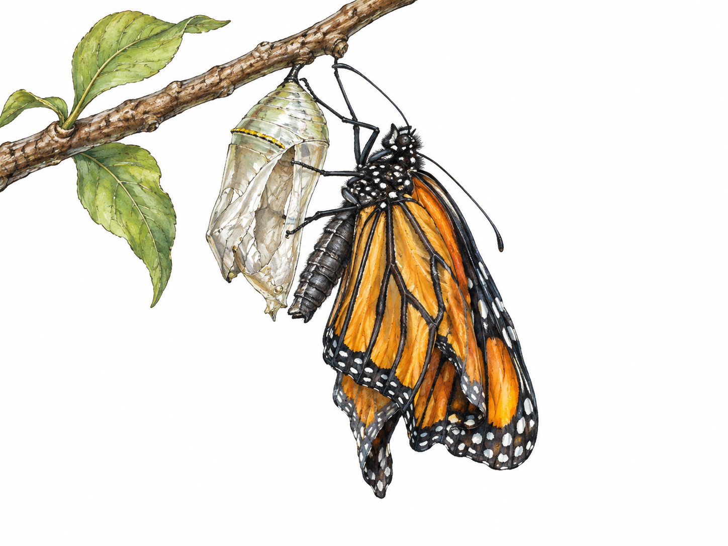 Butterfly emerges from split chrysalis clinging to twig, crumpled damp wings gradually expanding, biologically plausible transformation and attached legs, no arrows.