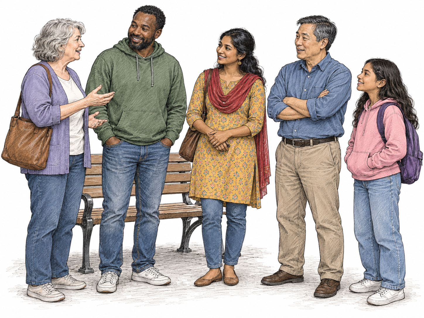 Five ordinary local residents stand chatting together beside a small shared street bench, compact community scene with no officials or crowd panorama.