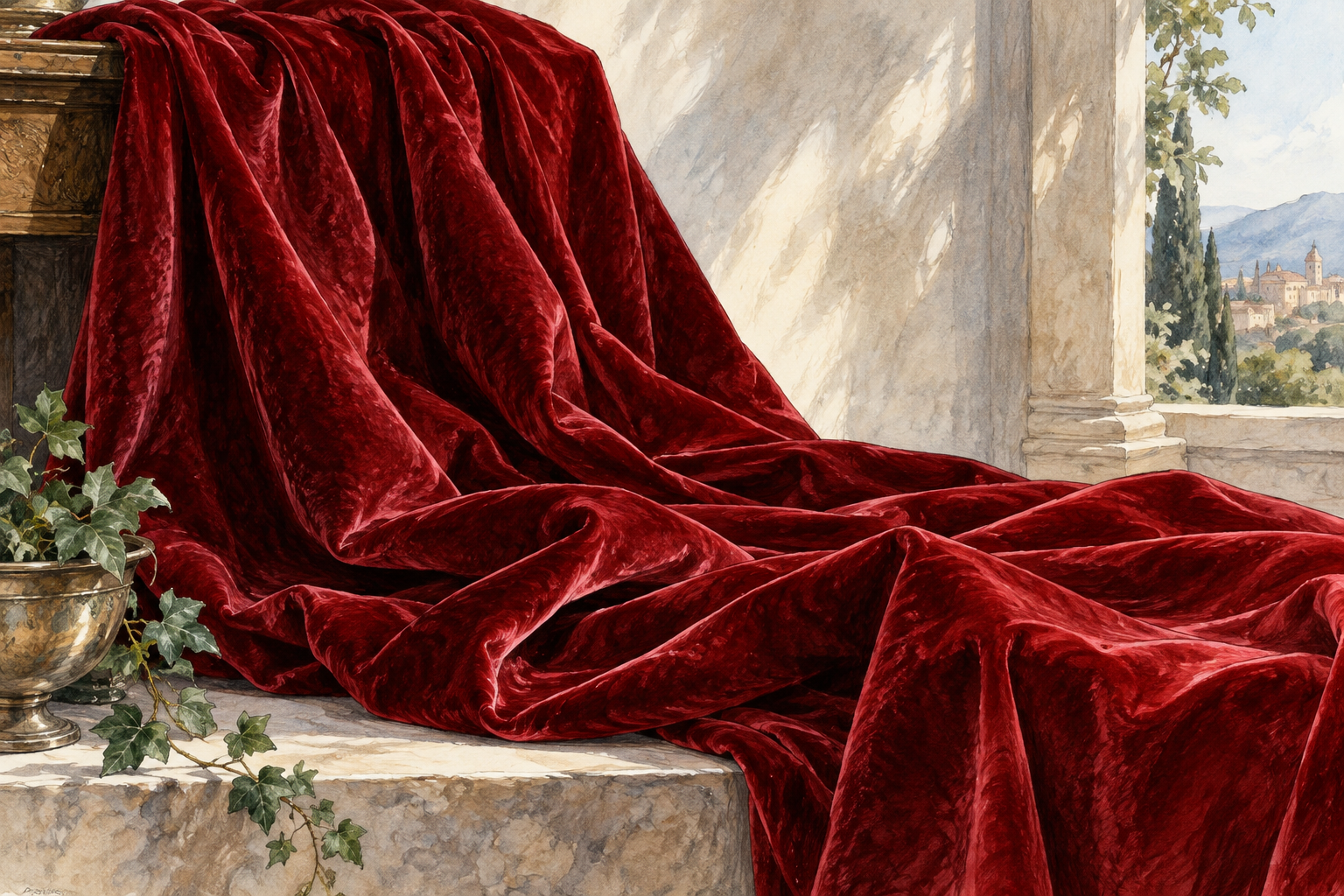 A crimson velvet fabric drapes in rich deep red folds in natural light, unmistakable deep red color, no text.
