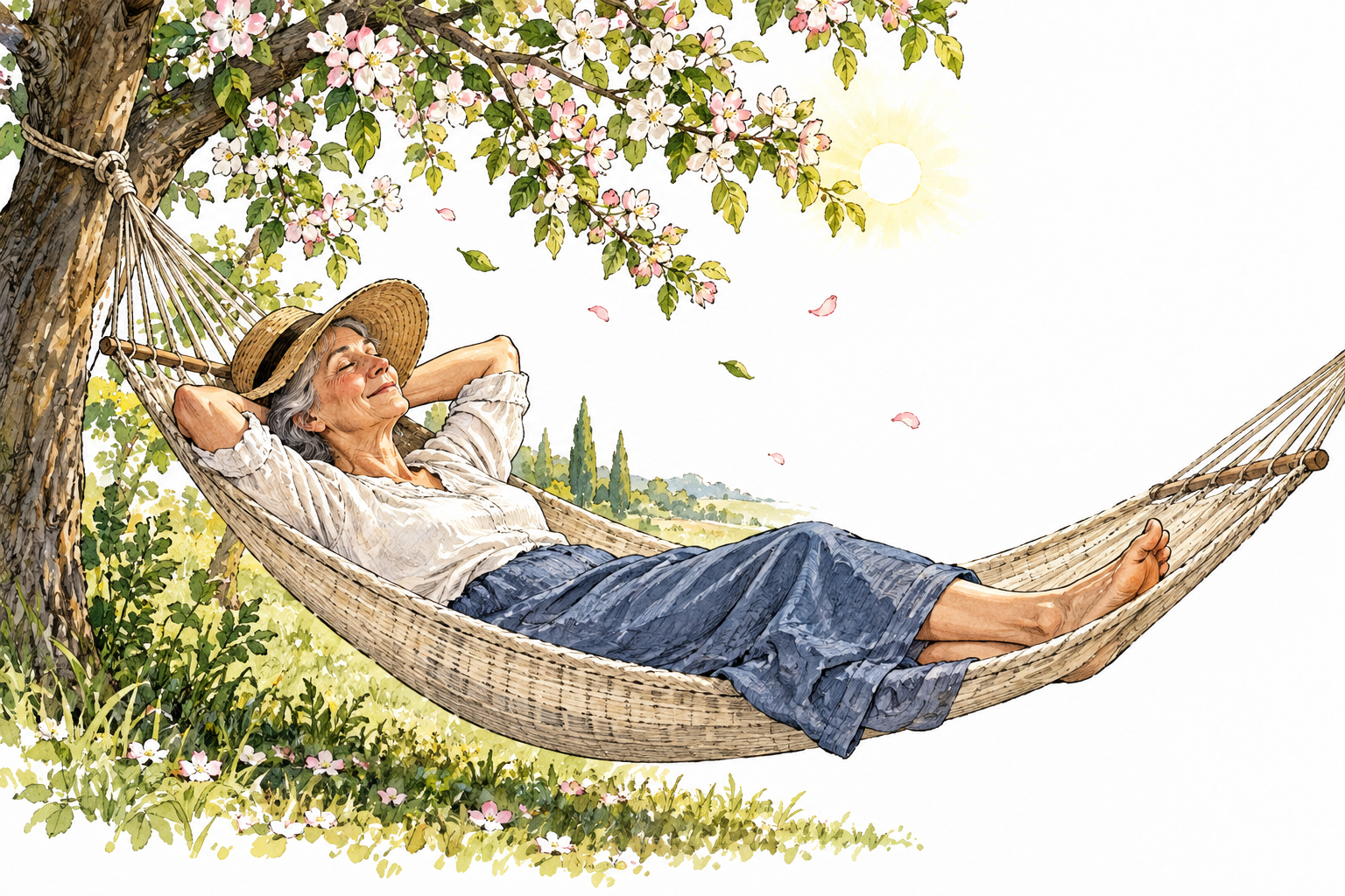 An older woman resting peacefully in a hammock beneath flowering trees, eyes closed and deeply contented smile, sun and gentle breeze, no text.