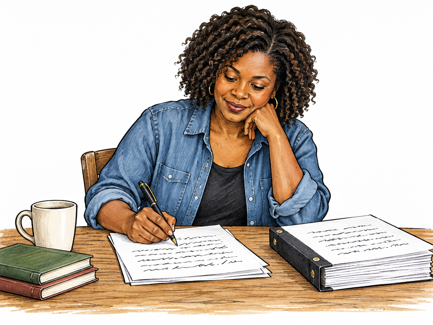 An author writes a manuscript beside a bound draft, with abstract writing marks rather than readable prose.