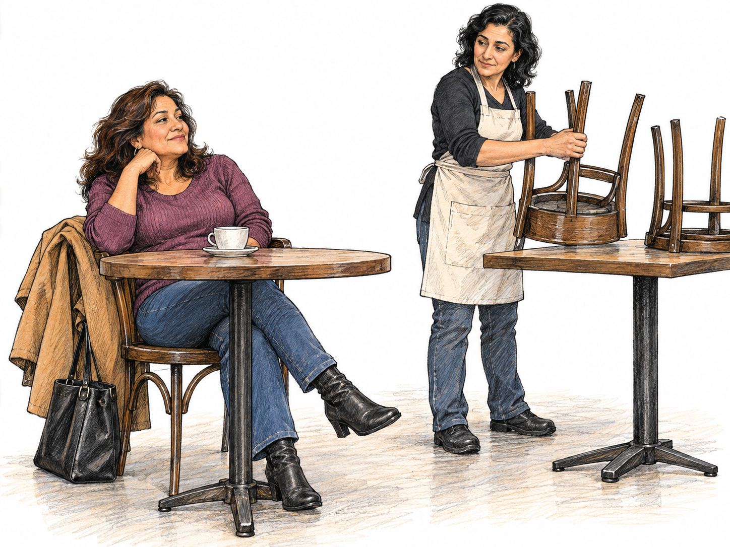 The last café customer remains comfortably seated over an empty cup while a worker stacks the surrounding chairs to close.