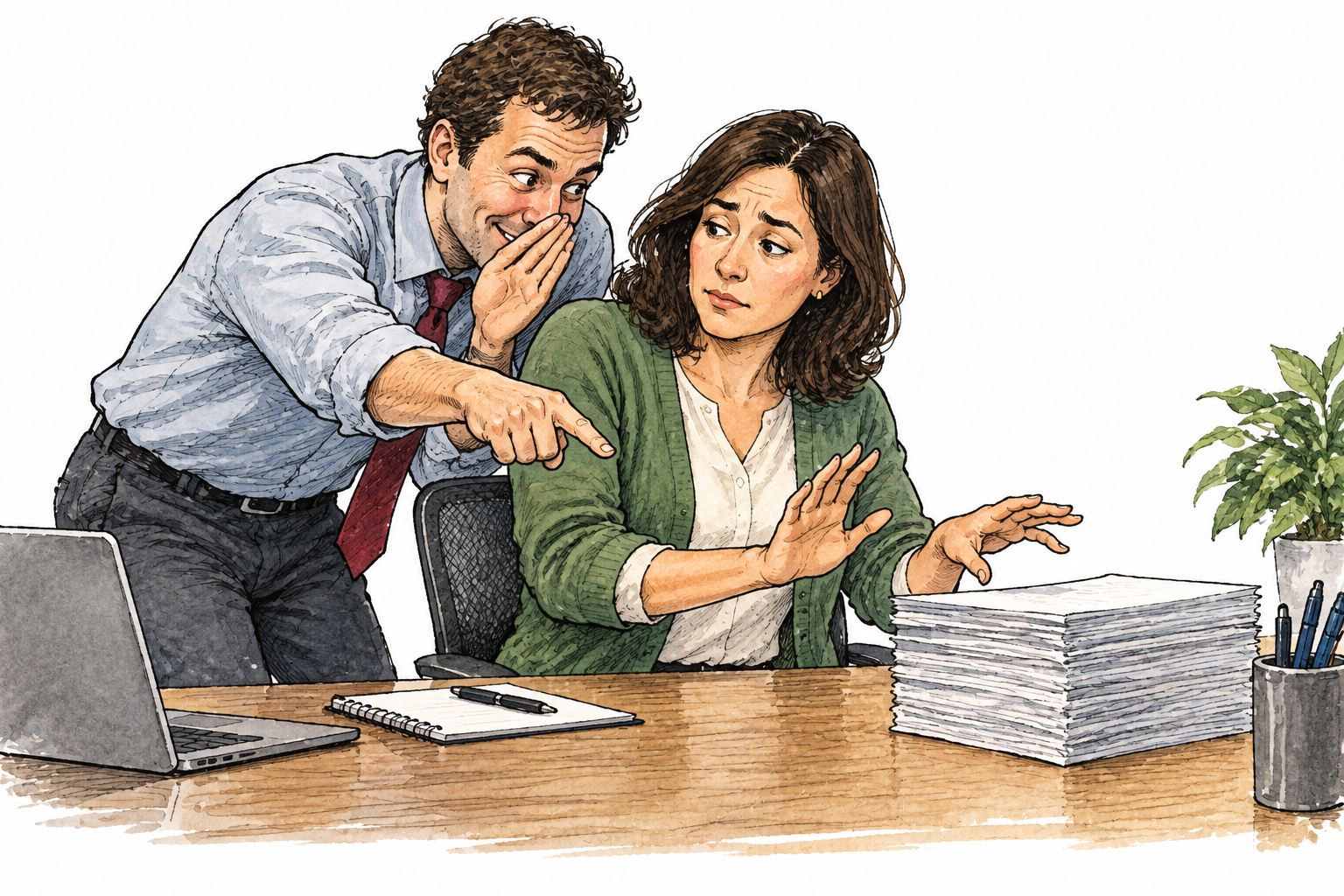 One adult covertly urges another to scatter a neat stack of papers at office desk, pointing and conspiratorial expression while recipient hesitates, no words.
