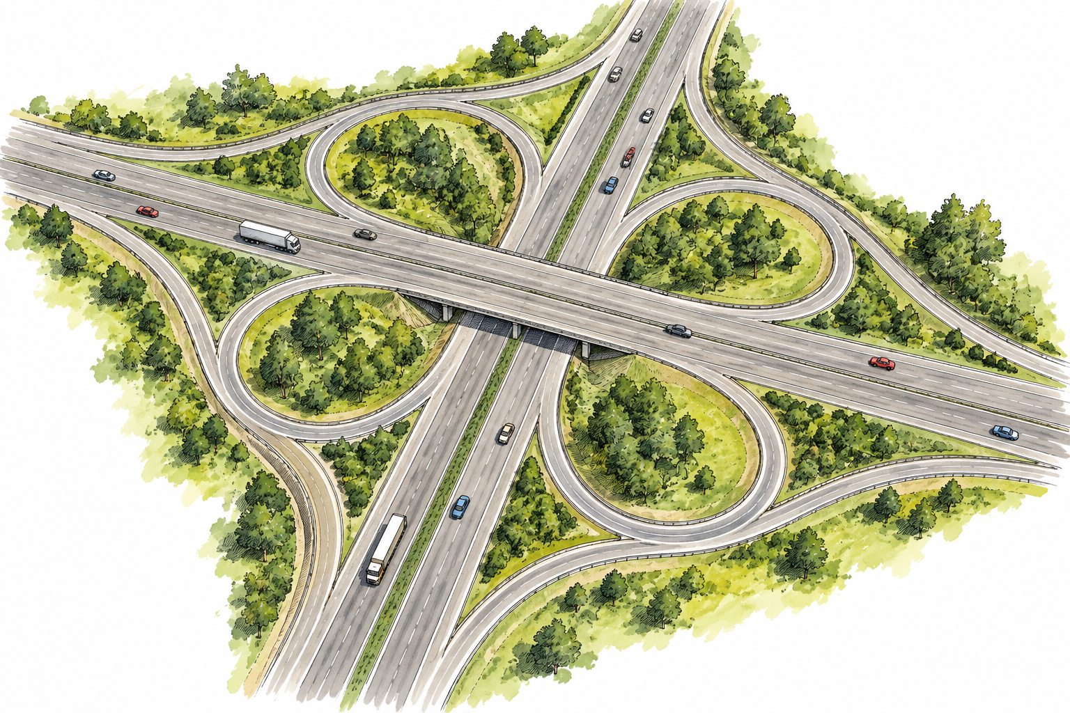 Bird's-eye view of a realistic highway interchange where looping ramps connect two crossing roads, no signs or text.