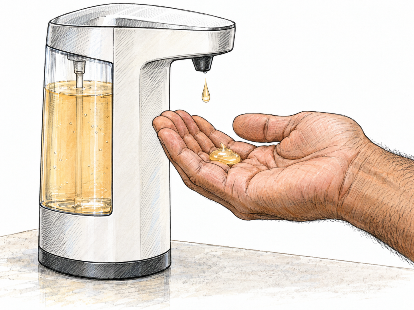 An automatic liquid-soap dispenser delivering a small dose from its nozzle into a cupped hand.
