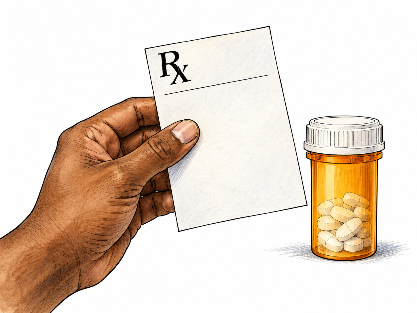 Close view of an adult hand holding a doctor's prescription slip marked only Rx with a plain medicine container beside it, no drug names, dosage or other text.
