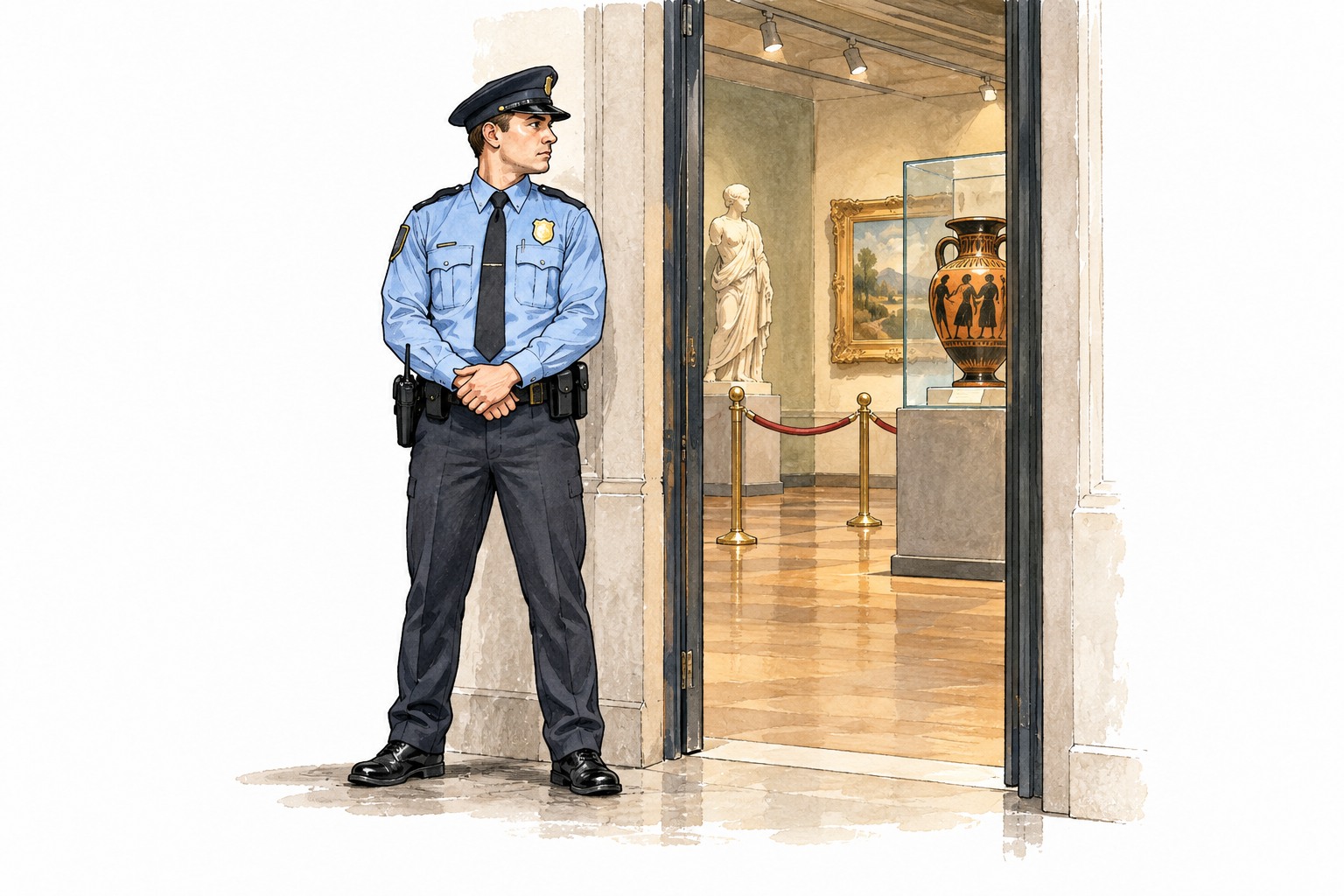 A uniformed museum guard attentively protecting a doorway with valuable objects safely beyond, respectful modern security role, no wording.