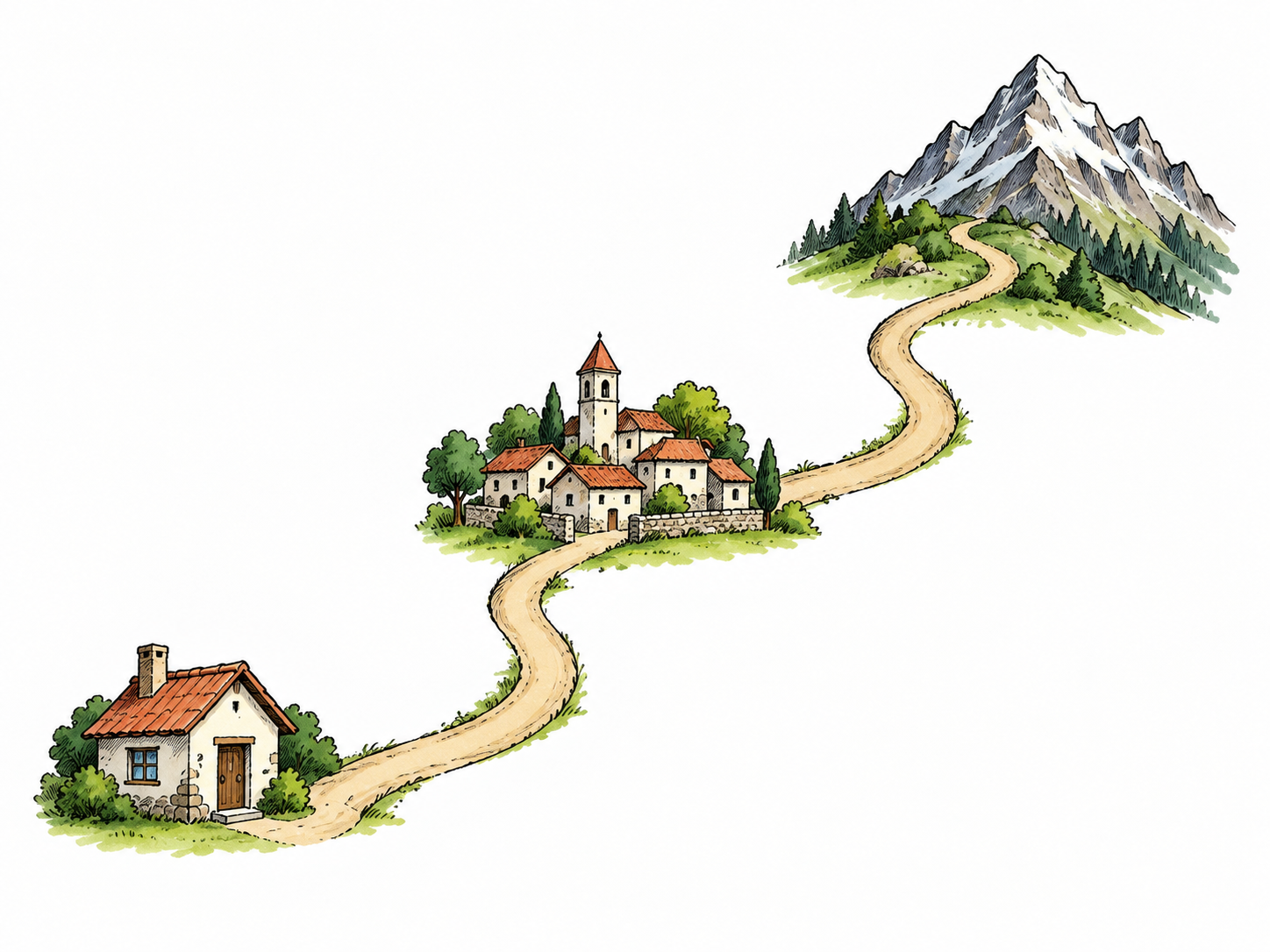 A simple route diagram from a small home icon to mountain icon passes through a village icon midway, clear by-way-of route with one continuous path and no letters or numbers.