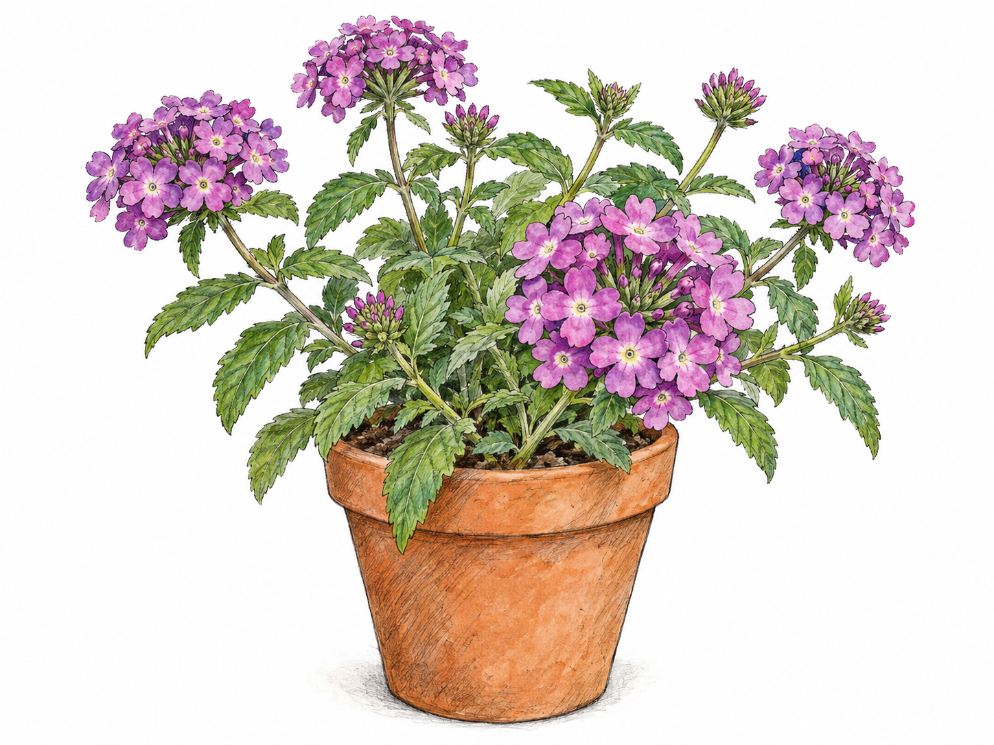 A garden verbena plant with several rounded clusters of small purple-pink, five-lobed blossoms above opposite, toothed green leaves, shown clearly in a simple terracotta pot.
