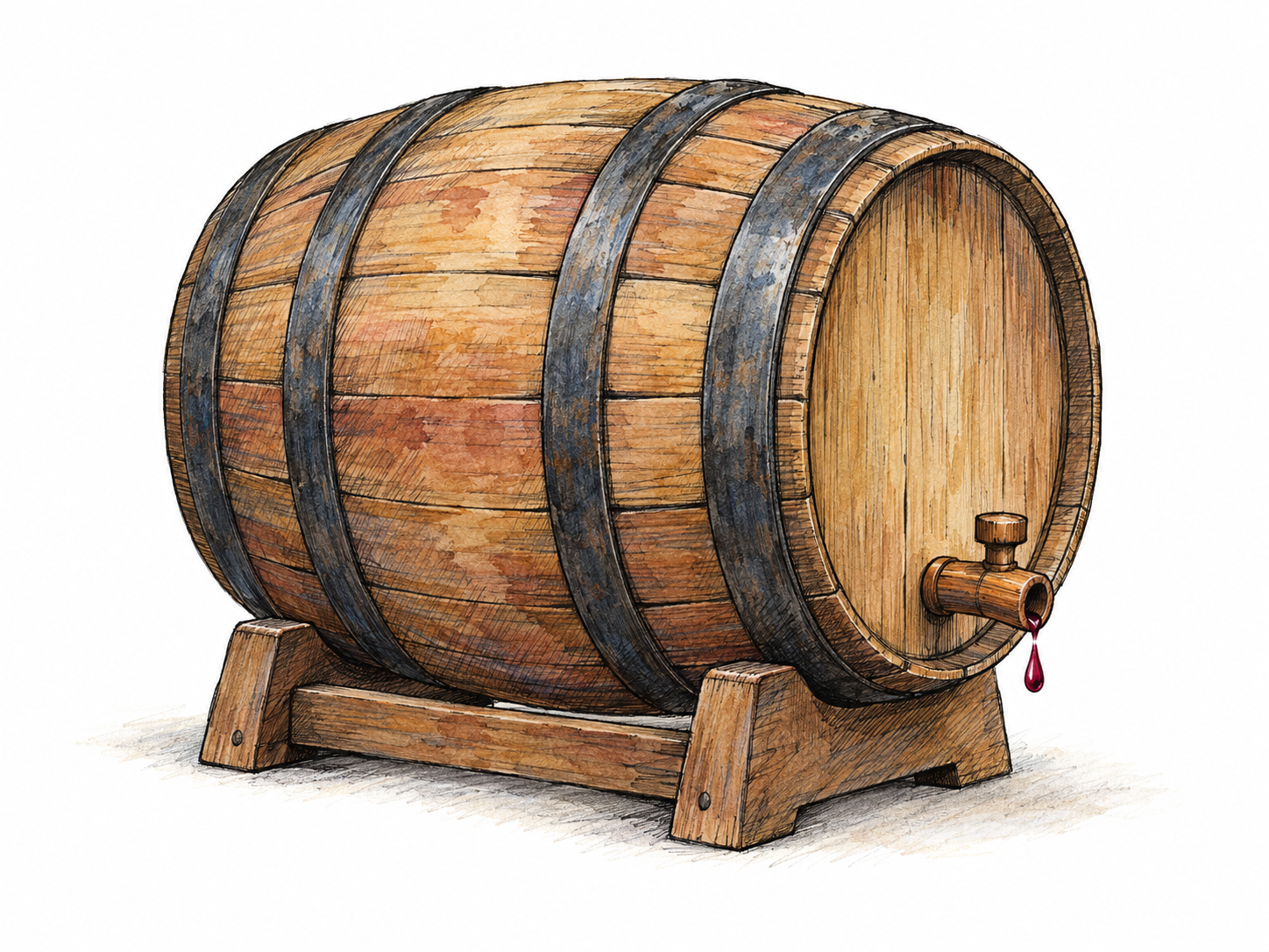 A single sturdy wooden cask resting horizontally on a low wooden cradle, with thick staves, dark metal hoops, a fitted circular end and a small wooden spigot releasing a drop of red wine.