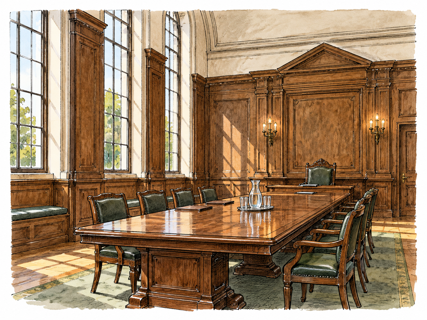 A quiet spacious wood-paneled chamber with high windows.