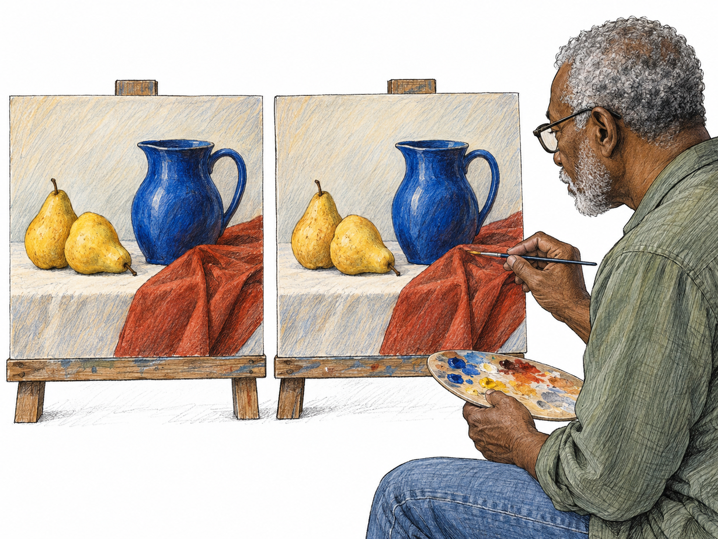 An artist faithfully reproduces an original painting, with the original and nearly finished copy side by side so their precisely matching composition, shapes, and colors are immediately visible.
