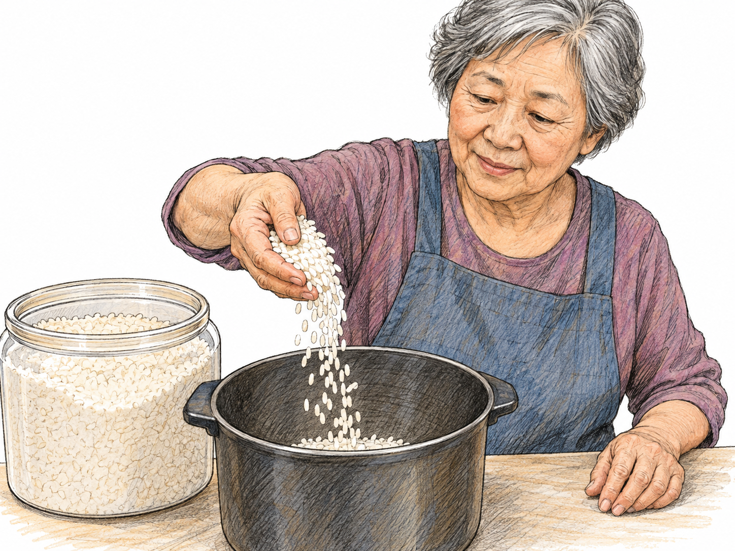 An older woman casually adds some rice to a cooking pot with her loosely cupped hand.