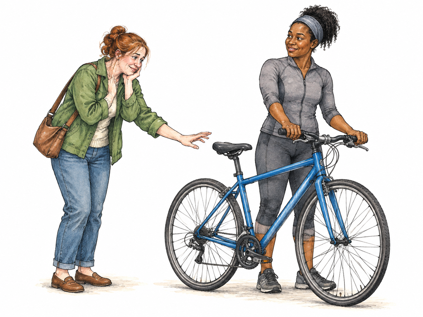 One neighbor gazes longingly at another person's fine blue bicycle while its owner holds the handlebars.