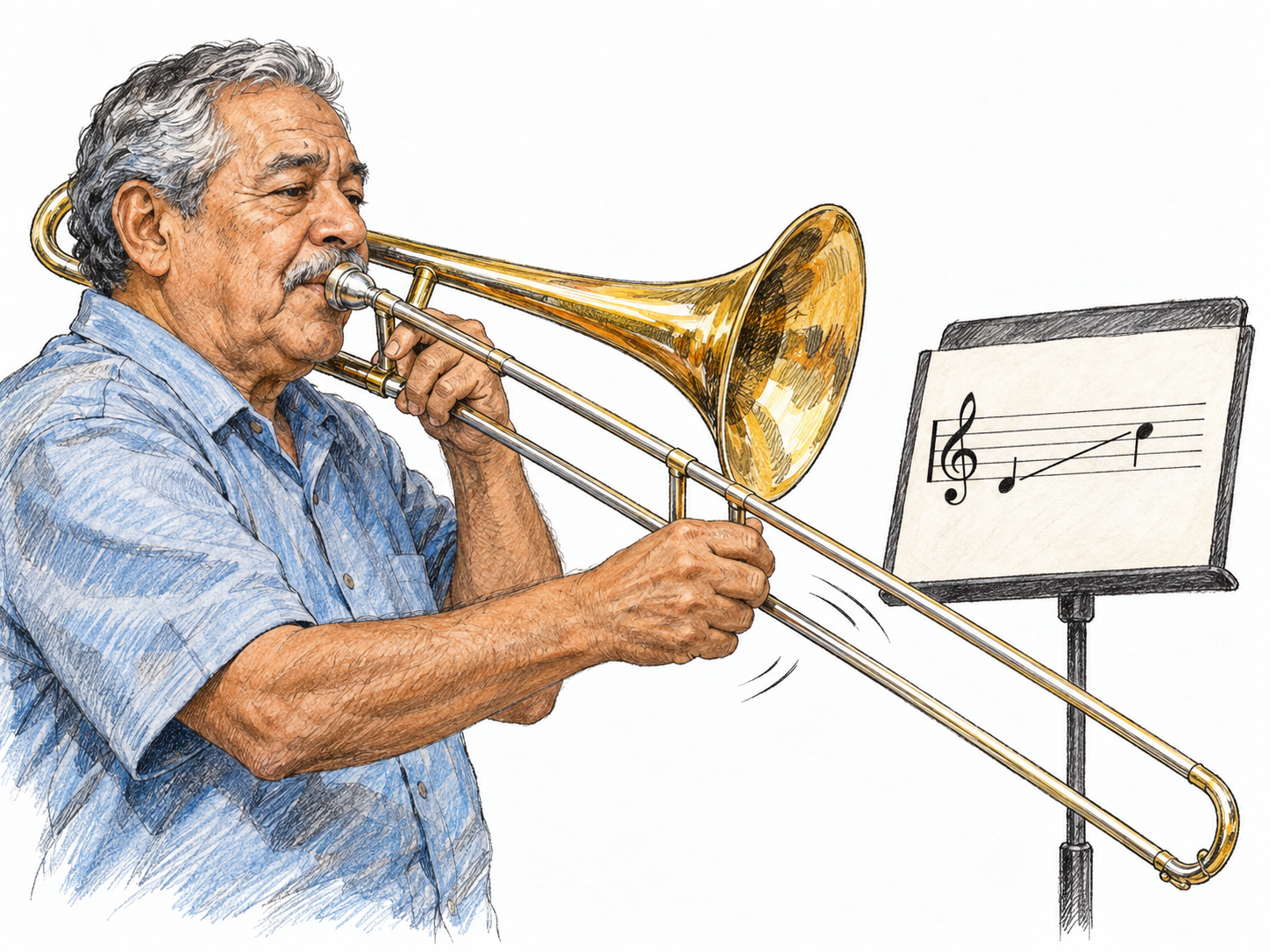 An older trombonist sounds a note while smoothly moving the slide, with a small, clearly readable musical passage showing two notes joined by a glissando line.