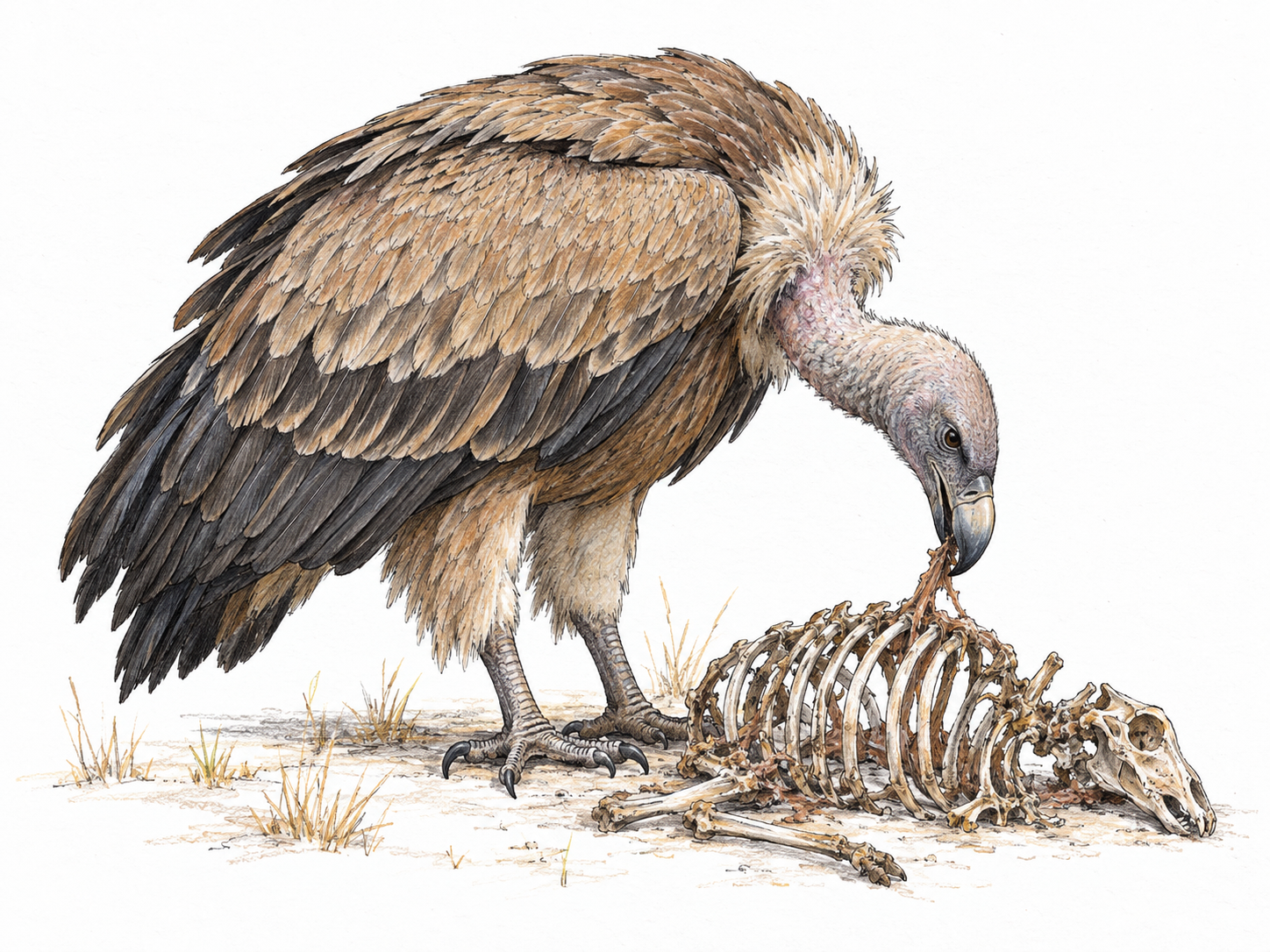 A vulture picks a small scrap from a sun-bleached rib cage, clearly showing an animal feeding on remains rather than hunting live prey.